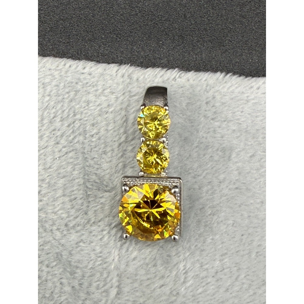 Yellow Rhinestone Pendant Silver Tone Sparkle Square Round Charm